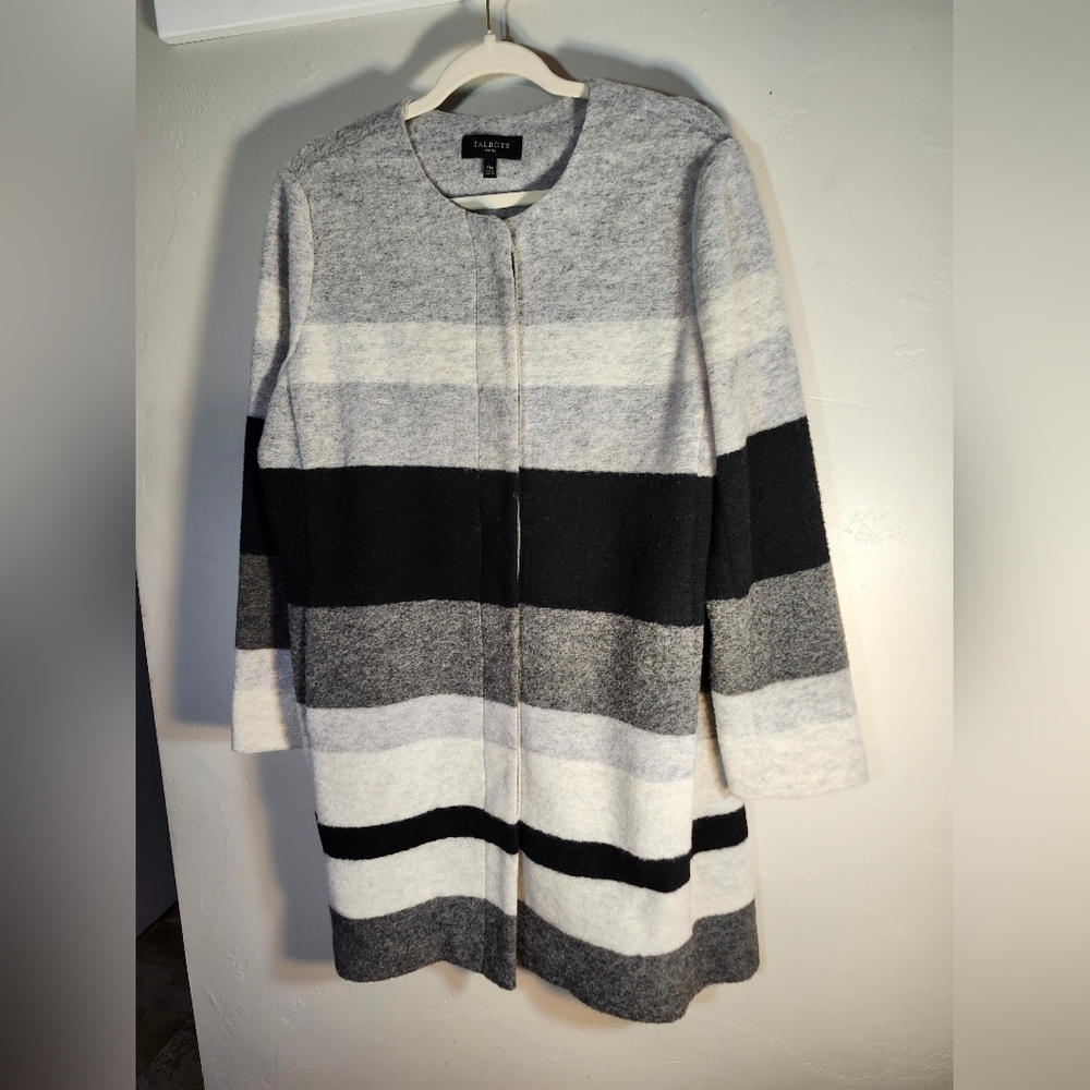 Talbots Wool Stripe Colorblock Gray Black Topper Coat Sz XLp